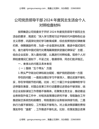 公司党员领导干部2024年度民主生活会个人对照检查材料