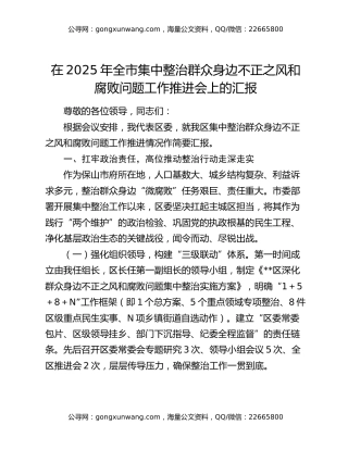 在2025年全市集中整治群众身边不正之风和腐败问题工作推进会上的汇报