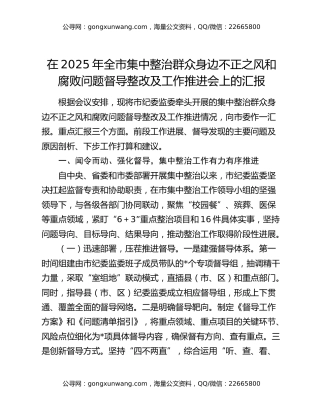 在2025年全市集中整治群众身边不正之风和腐败问题督导整改及工作推进会上的汇报