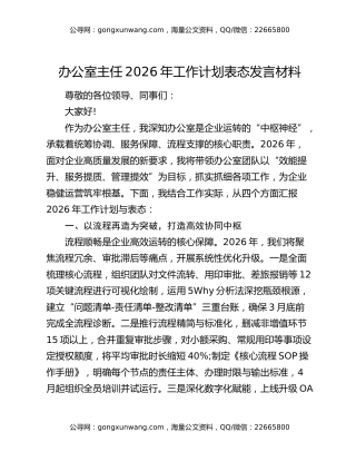 办公室主任2026年工作计划表态发言材料