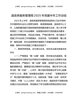 县政务服务管理局2025年党建半年工作总结