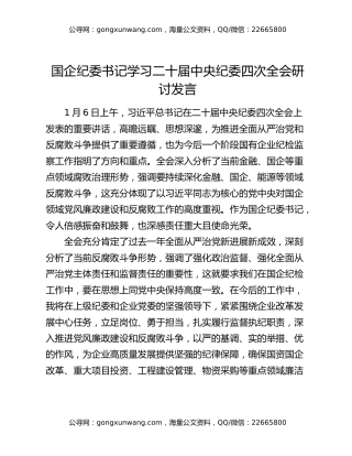 国企纪委书记学习二十届中央纪委四次全会研讨发言