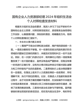 国有企业人力资源部经理2024年组织生活会个人对照检查发言材料