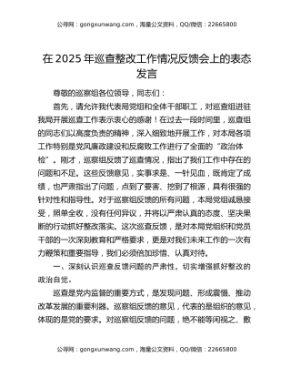 在2025年巡查整改工作情况反馈会上的表态发言