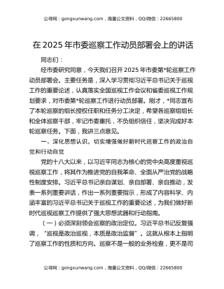在2025年市委巡察工作动员部署会上的讲话