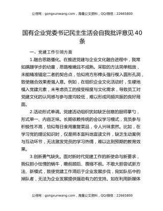 国有企业党委书记民主生活会自我批评意见40条