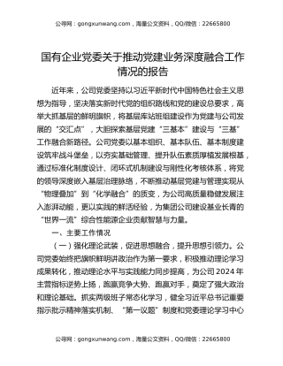 国有企业党委关于推动党建业务深度融合工作情况的报告