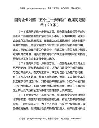 国有企业对照“五个进一步到位”查摆问题清单（20条）
