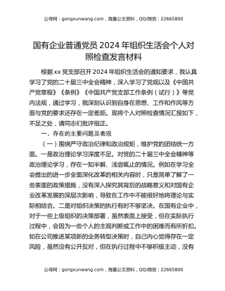 国有企业普通党员2024年组织生活会个人对照检查发言材料