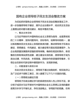国有企业领导班子民主生活会整改方案