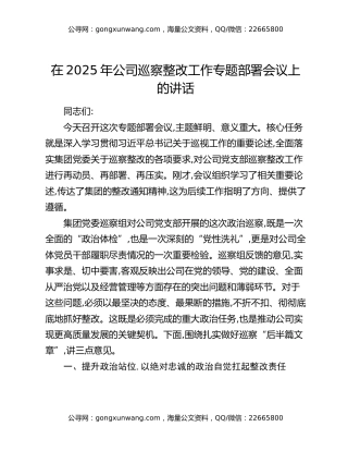 在2025年公司巡察整改工作专题部署会议上的讲话