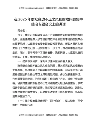 在2025年群众身边不正之风和腐败问题集中整治专题会议上的讲话