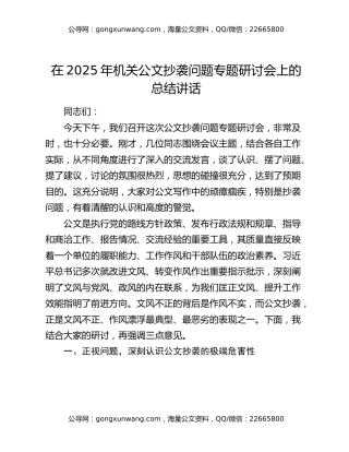 在2025年机关公文抄袭问题专题研讨会上的总结讲话