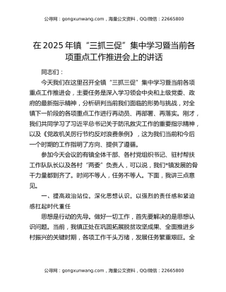 在2025年镇“三抓三促”集中学习暨当前各项重点工作推进会上的讲话
