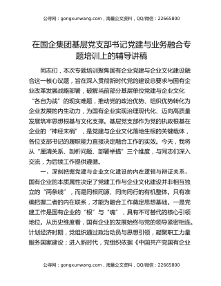 在国企集团基层党支部书记党建与业务融合专题培训上的辅导讲稿