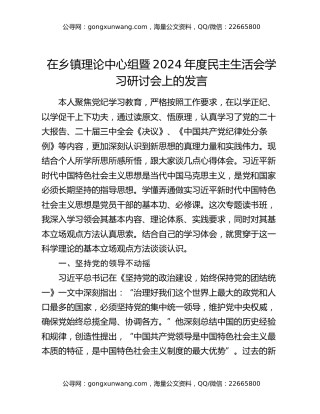 在乡镇理论中心组暨2024年度民主生活会学习研讨会上的发言