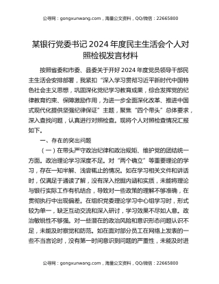 某银行党委书记2024年度民主生活会个人对照检视发言材料