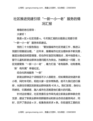 社区推进党建引领“一新一小一老”服务的情况汇报