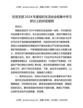 在党支部2024年度组织生活会会前集中学习研讨上的讲话提纲