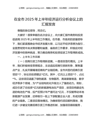 在全市2025年上半年经济运行分析会议上的汇报发言