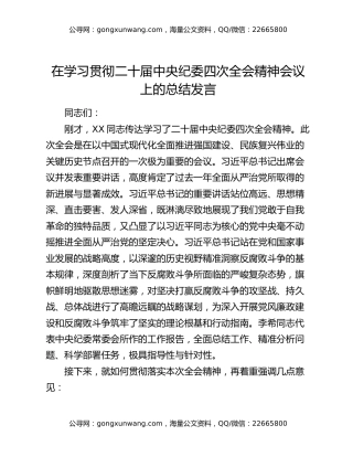 在学习贯彻二十届中央纪委四次全会精神会议上的总结发言
