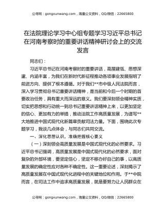 在法院理论学习中心组专题学习习近平总书记在河南考察时的重要讲话精神研讨会上的交流发言