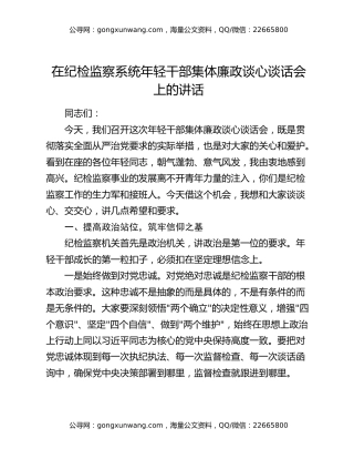 在纪检监察系统年轻干部集体廉政谈心谈话会上的讲话
