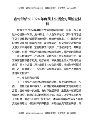 宣传部部长2024年度民主生活会对照检查材料