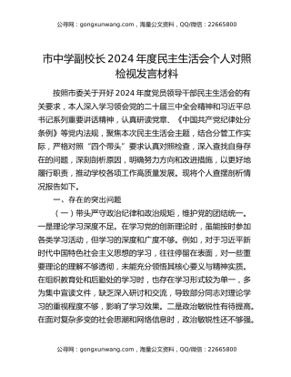 市中学副校长2024年度民主生活会个人对照检视发言材料
