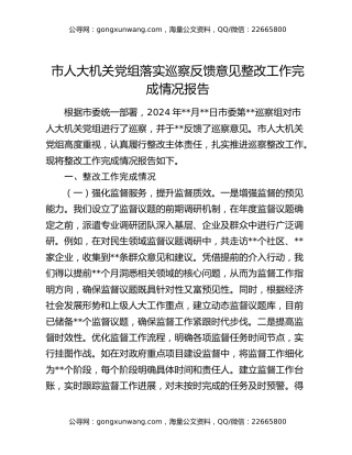市人大机关党组落实巡察反馈意见整改工作完成情况报告