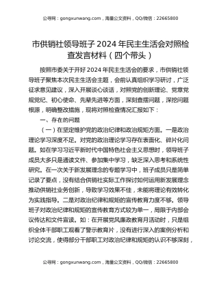市供销社领导班子2024年民主生活会对照检查发言材料（四个带头）