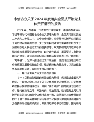 市信访办关于2024年度落实全面从严治党主体责任情况的报告