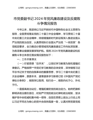 市党委副书记2024年党风廉政建设及反腐败斗争情况报告