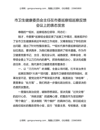 市卫生健康委员会主任在市委巡察组巡察反馈会议上的表态发言