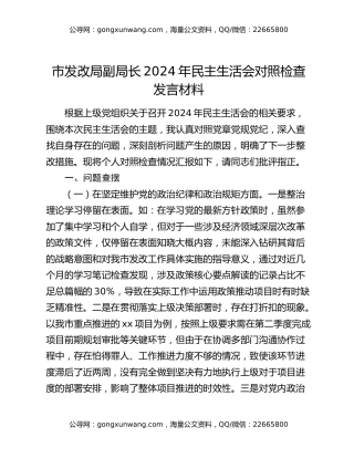市发改局副局长2024年民主生活会对照检查发言材料