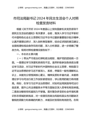 市司法局副书记2024年民主生活会个人对照检查发言材料