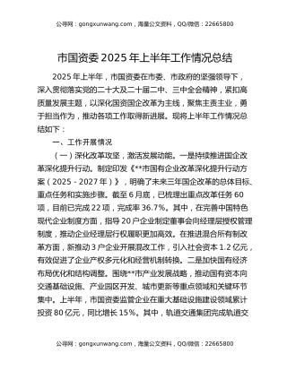 市国资委2025年上半年工作情况总结
