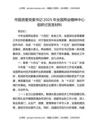 市国资委党委书记2025年全国两会精神中心组研讨发言材料