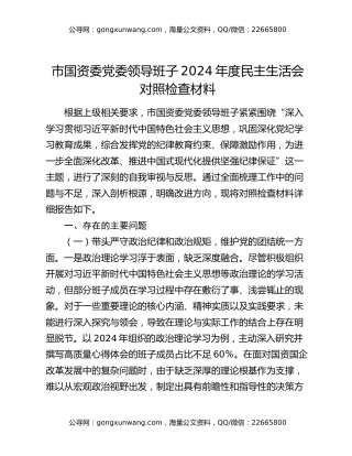 市国资委党委领导班子2024年度民主生活会对照检查材料