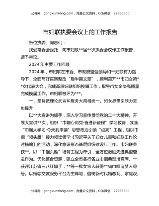 市妇联执委会议上的工作报告