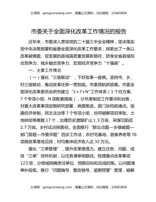 市委关于全面深化改革工作情况的报告