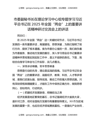 市委副秘书长在理论学习中心组专题学习习近平总书记在2025年全国“两会”上的重要讲话精神研讨交流会上的讲话