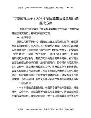 市委领导班子2024年度民主生活会查摆问题整改方案