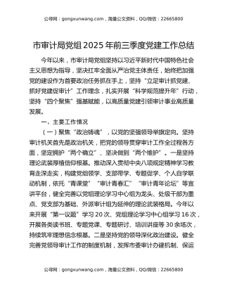 市审计局党组2025年前三季度党建工作总结