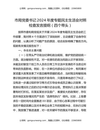 市局党委书记2024年度专题民主生活会对照检查发言提纲（四个带头）