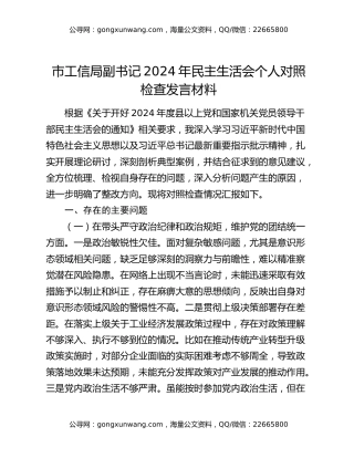 市工信局副书记2024年民主生活会个人对照检查发言材料