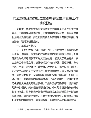 市应急管理局党组党建引领安全生产管理工作情况报告