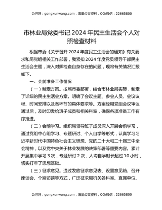 市林业局党委书记2024年民主生活会个人对照检查材料