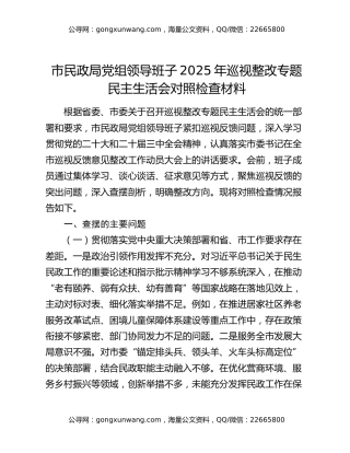 市民政局党组领导班子2025年巡视整改专题民主生活会对照检查材料