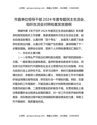 市直单位领导干部2024年度专题民主生活会、组织生活会对照检查发言提纲